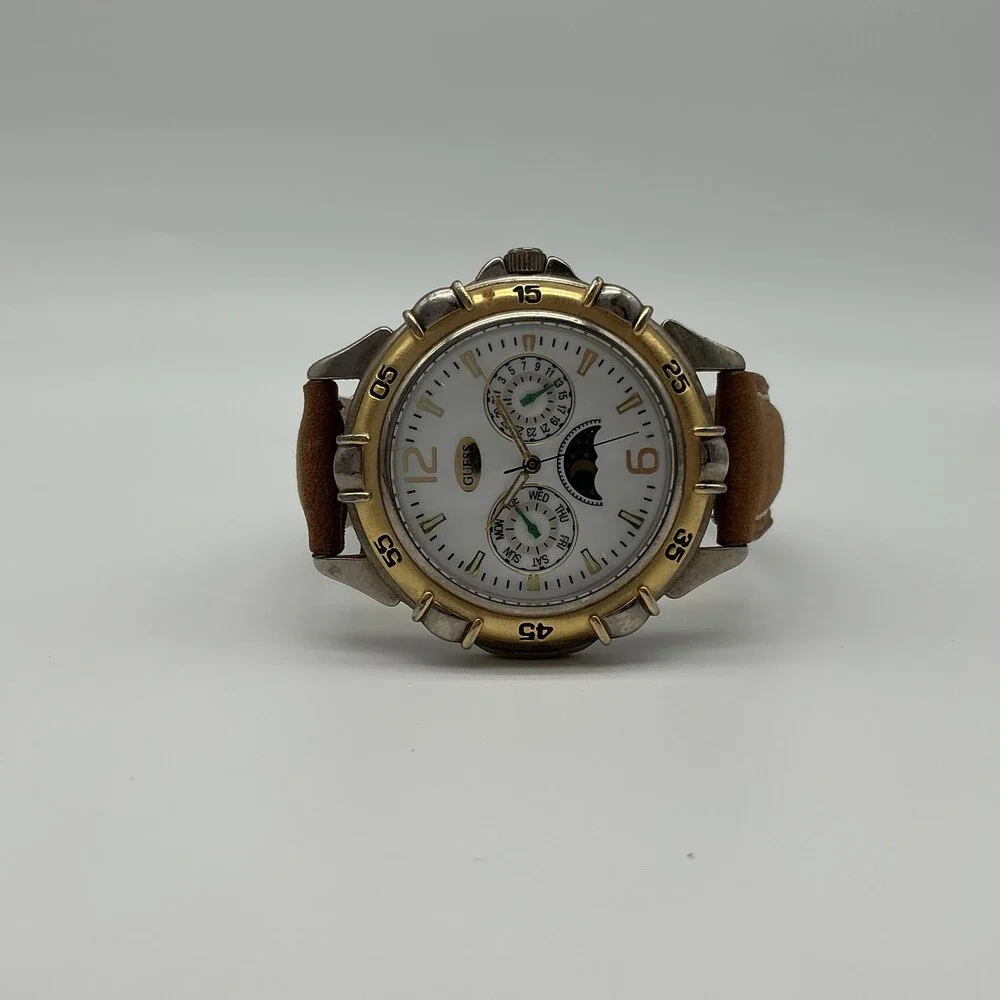 Vintage Guess Mens Watch 38mm White Dial Brown Leather Moonphase New Battery
